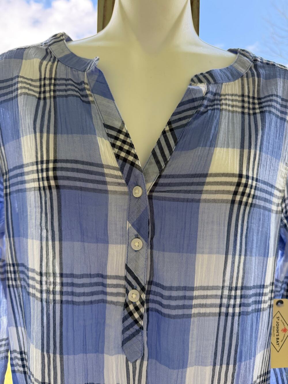 St. John's Bay NWT 100%Cotton Blue Plaid Gauze Tunic Blouse S Coastal Fisherman